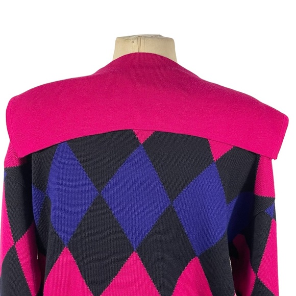 Vintage Laurel By Escada Wool Black Pink Blue Harlequin Diamond Cardigan Sz 42 - Picture 8 of 13